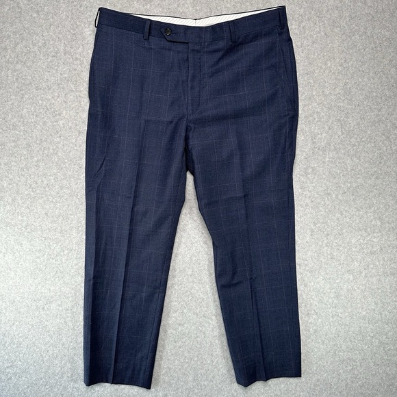 Samuelsohn Men's Wool Dress Pants Navy Glen Plaid 37x27 Tailored Flat Front - Picture 1 of 8
